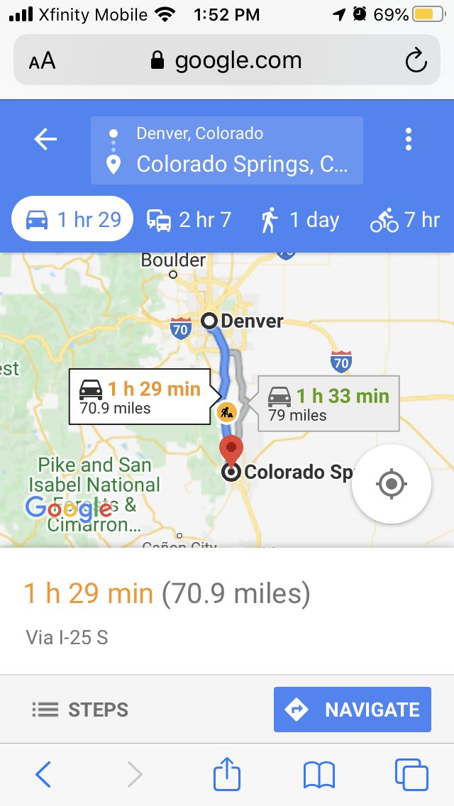 Denver to Colorado Spring Map