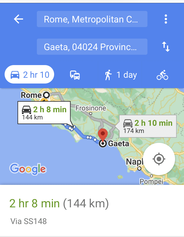 Rome to Gaeta Italy Map