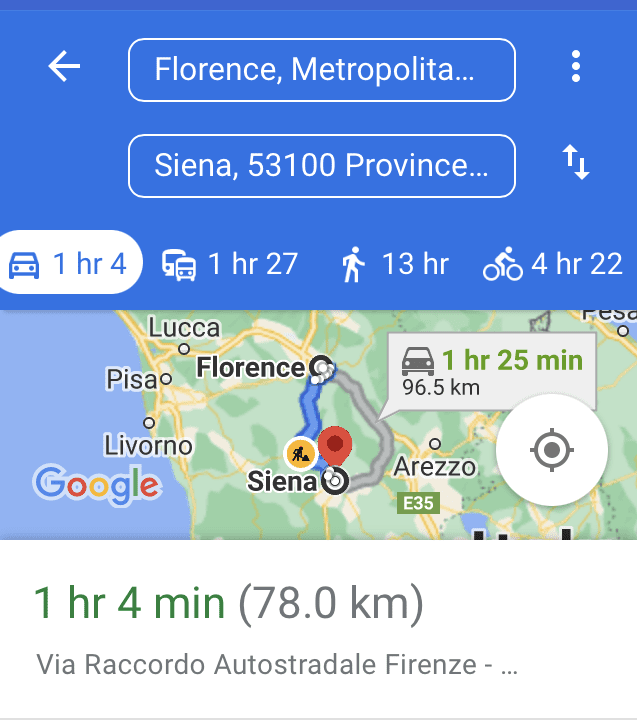 Map from Florence to Siena