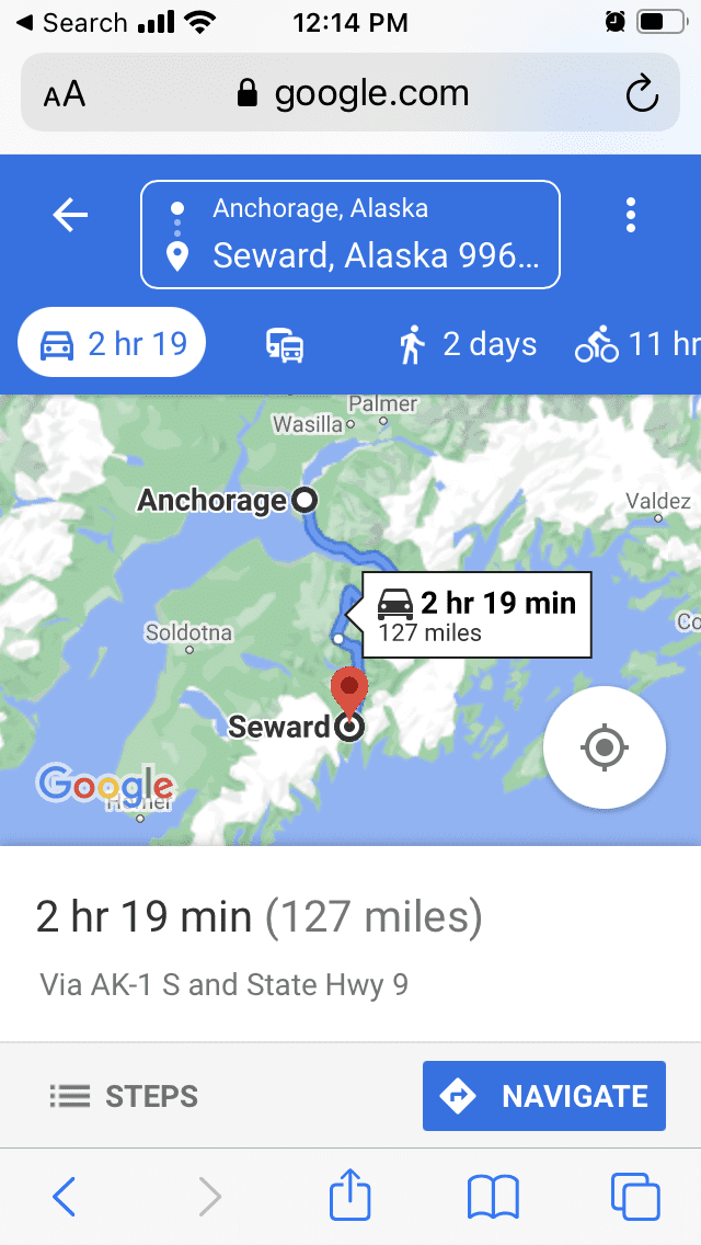 Map of Anchorage to Seward