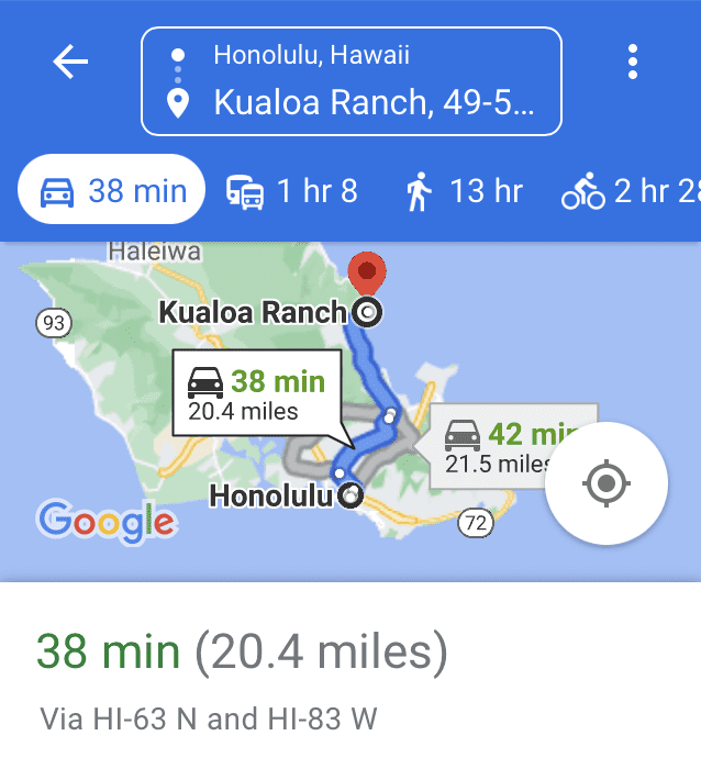 Map to Kualoa Ranch on Oahu Hawaii